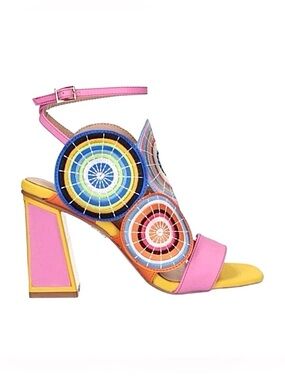 EXE ~ Colorful Sandals Circular Geometric Design Block Heel Ankle Strap size 40